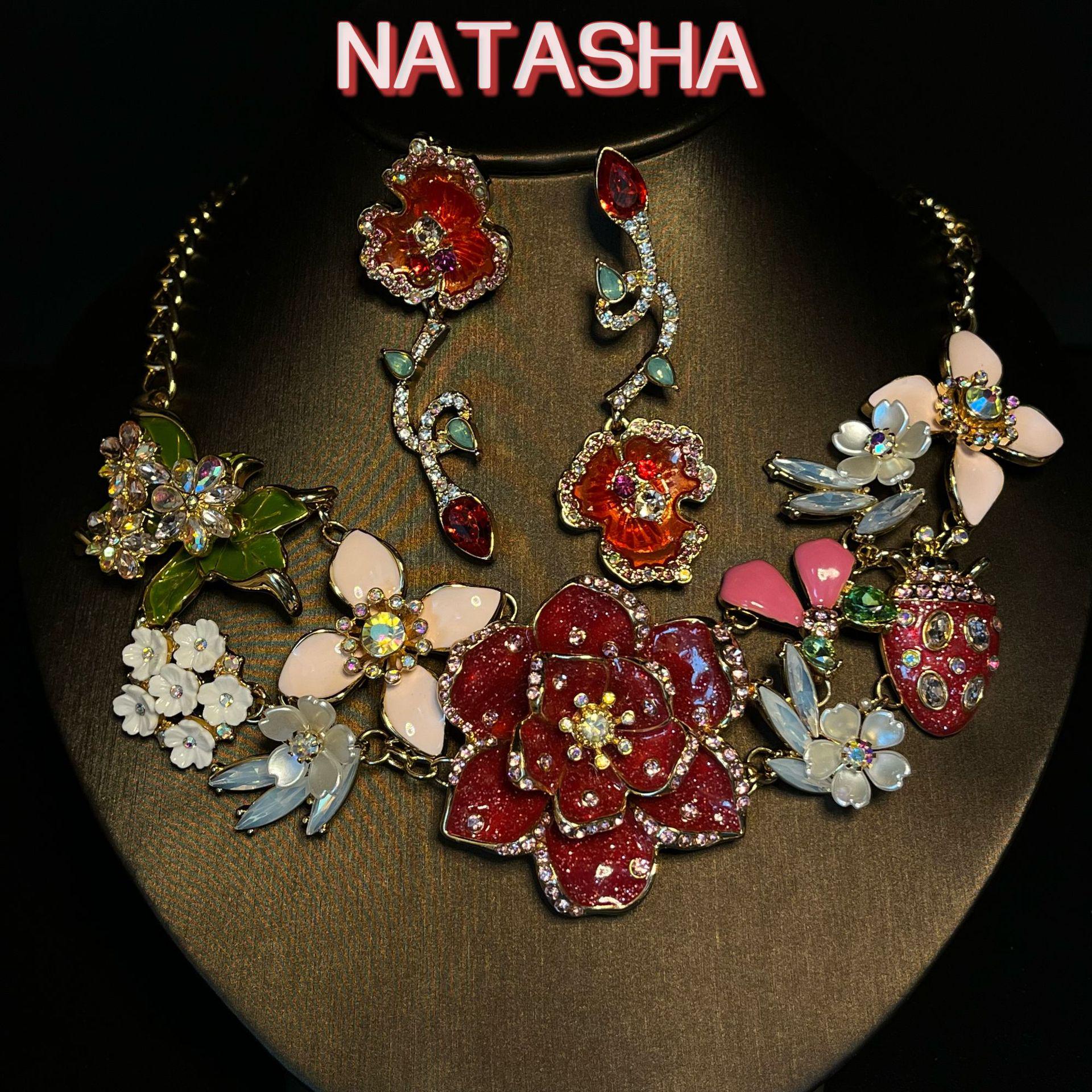 

Vintage Luxurious Rhinestone Colorful Flower Necklace Set - Dazzling Red Clavicle Chain