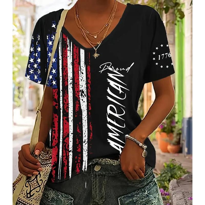 

Fashion National Flag Painting Blouses Short Sleeved V-Neck T Shirts Casual XS чорний