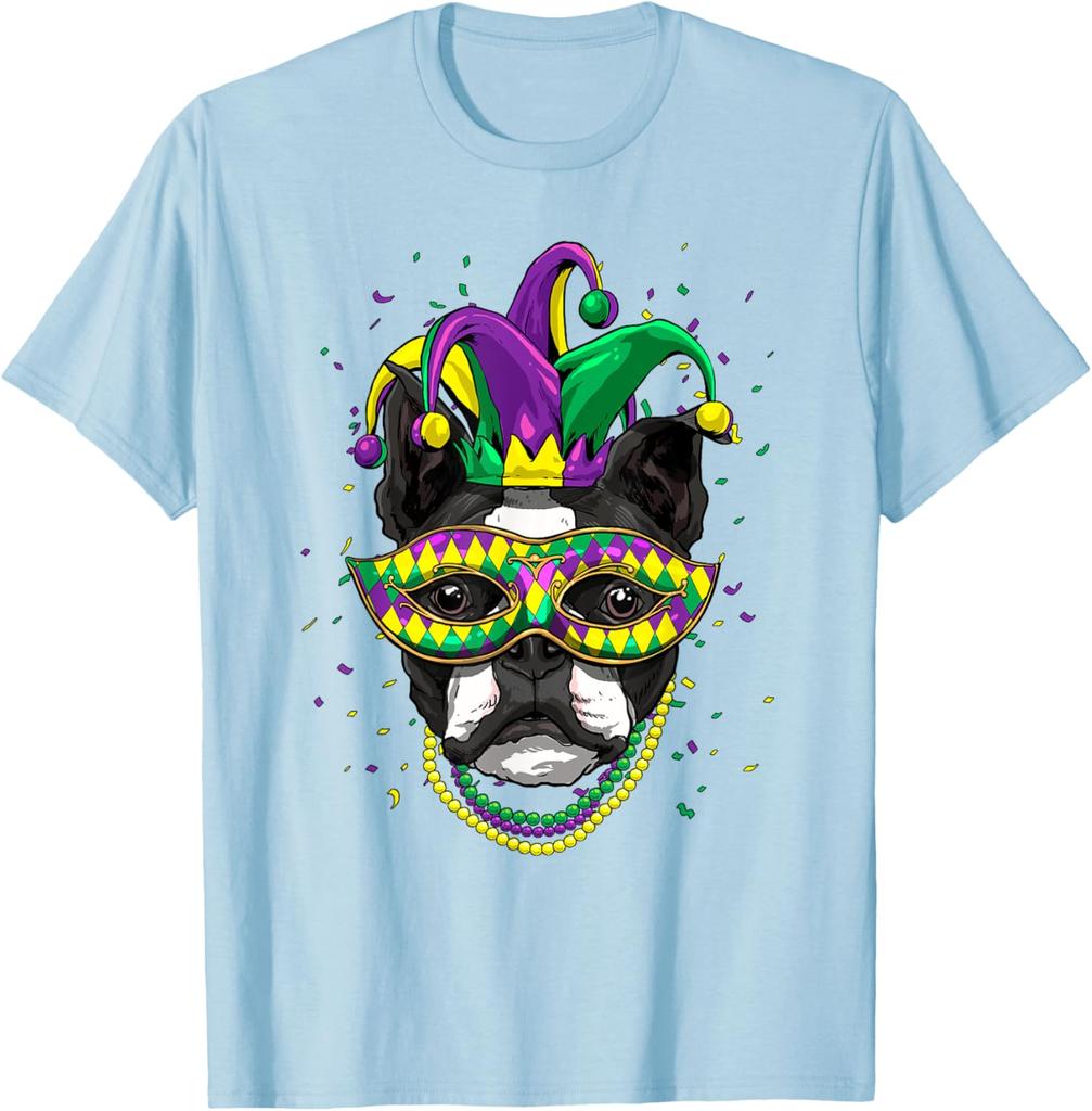 Boston Terrier Mardi Gras Jester Dog Graphic Tee Cute Carnival Print T-Shirt