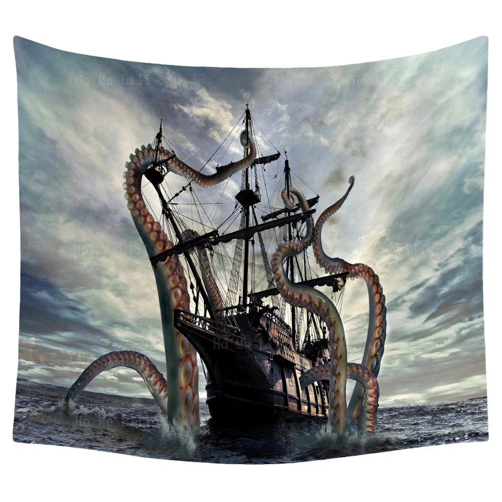 Old Ghost Sailing Ship The Kraken Octopus Attacked The Pirate Boat Terror Fantasy Landscape Wall Hanging Decor Tapestry