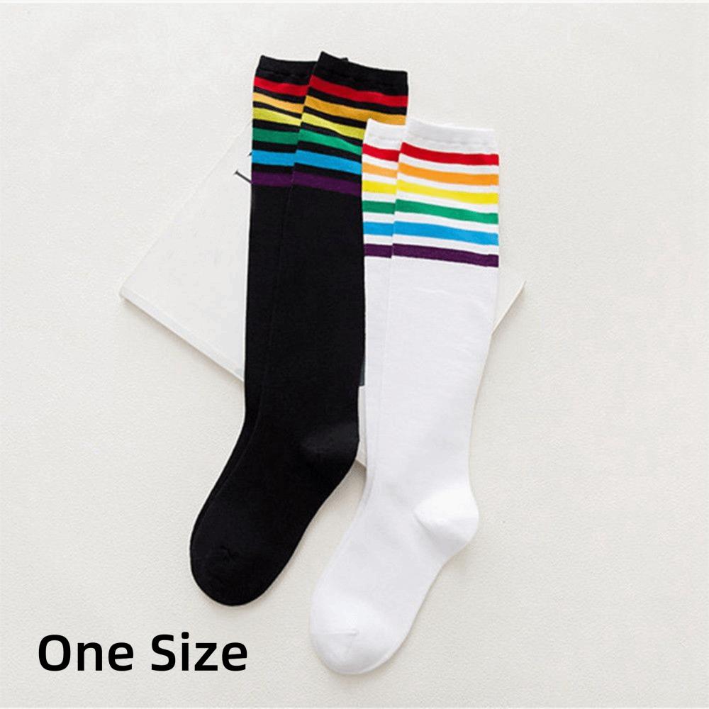 Damen Knie über dem Oberschenkel Hohe Regenbogenstreifen Lange Strumpfhosen Strumpf Fußballsocken