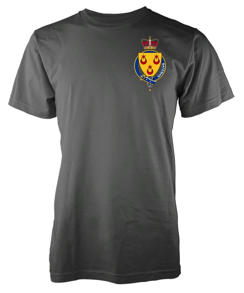 

Personalised Family Name Bateman T-Shirt Family Crest Badge Coat Of Arms Adult 4XL
