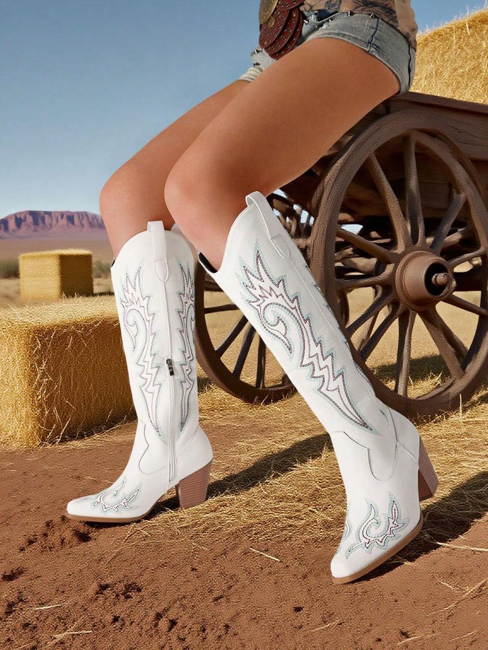 New Women Western Cowgirl Embroidered Pointed Toe Chunky Heel Cowboy Mid Calf Fashion Elegant Riding Outdoor 35 9530₽