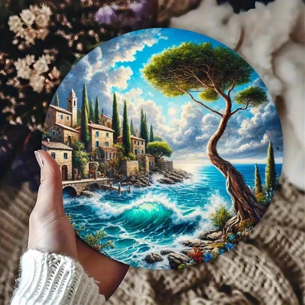 Round Coastal Metal Wall Art Vintage Beach Sign for Home Decor