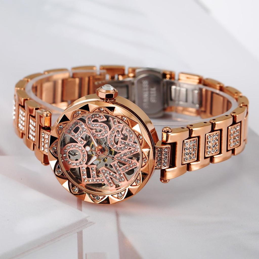 FORSINING Women's Iced Out Hollow Mechanical Watch Shiny Crystal Letter Dial Stainless Steel Bracelet Automatic Wristwatch