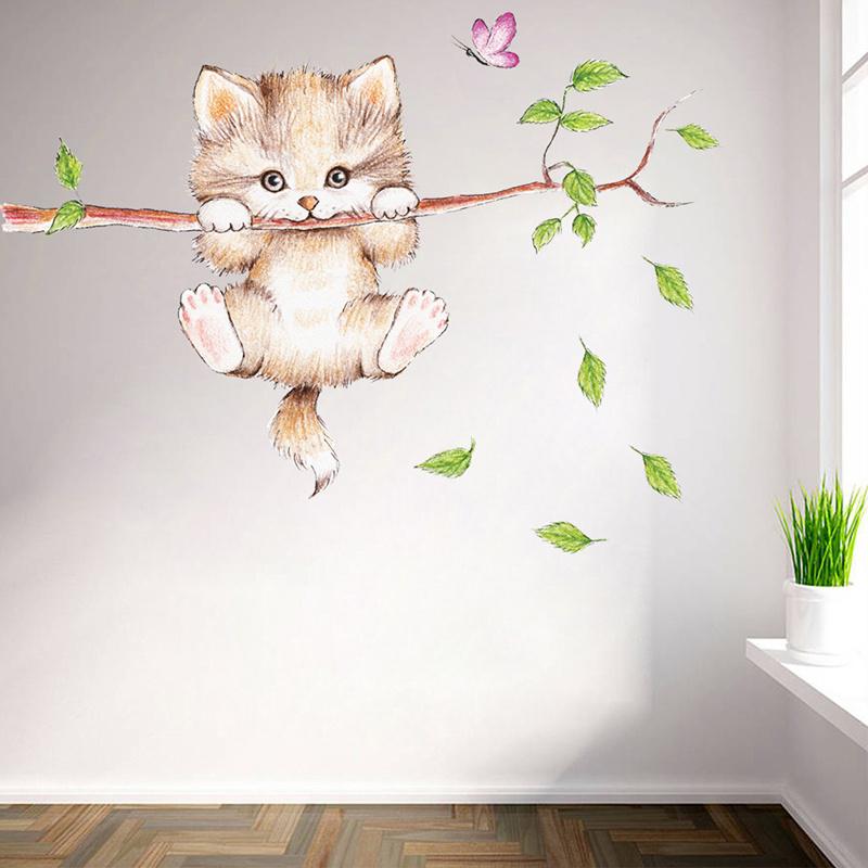 Lovely Kitten on Tree Branch Αυτοκόλλητα τοίχου Σπίτι Diy Cartoon Cat Animals Τοιχογραφία Παιδικό Δωμάτιο PVC Αυτοκόλλητα