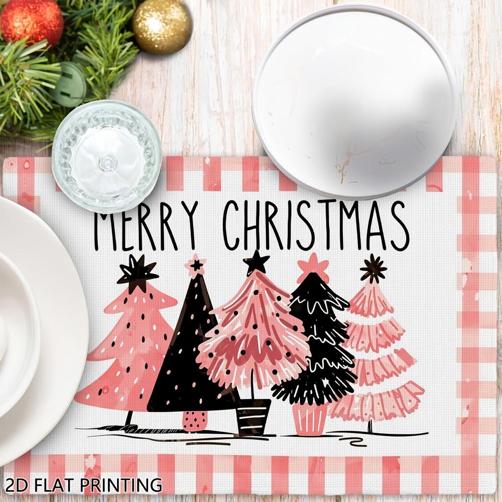 4pcs/6pcs Pink Gingham Christmas Table Mats Suitable for Dining Table, Placemats with Xmas Tree Print, Rectangular Holiday Decor for Home Kitchen Rest