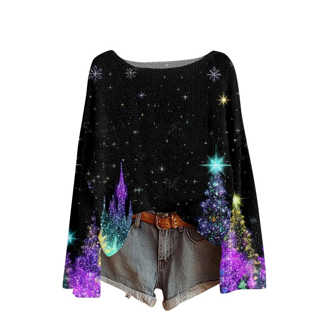 Women's Round Neck Lightweight Sweater Casual Long Sleeve Christmas Print Knit Pullover.