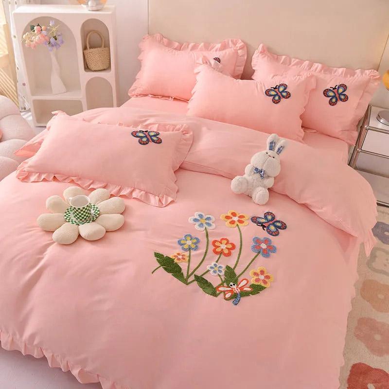 4pcs/set Solid Color Bed Sheet Flower Embroidery Quilt Cover Pillowcases Four Piece Set High-end Skin-friendly Comfortable Naked Sleeping Bedding Set