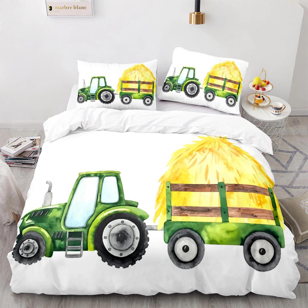 Cartoon Tractor King Queen Duvet Cover Watercolor Style Excavator Bedding Set For Kids Machinery Bulldozer Polyester Quilt Cover