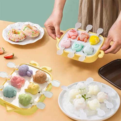 DeryArcle Food-Grade Silicone 6-Cavity Ice Cream Mold, Animal Shape, Ice Cube Tray, Popsicle Ice Mold, 3D Cute Fruit Ice Shape, Ice Pop, Creative Froz