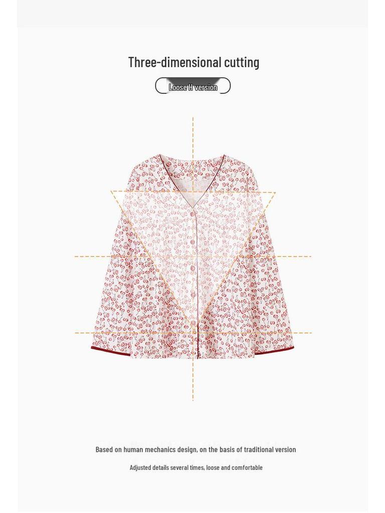 Set de pijama pentru femei cu decolteu în V din bumbac: Cardigan cu mânecă lungă și pantaloni, Mărime mare, Casual și croială largă pentru primăvară și toamnă