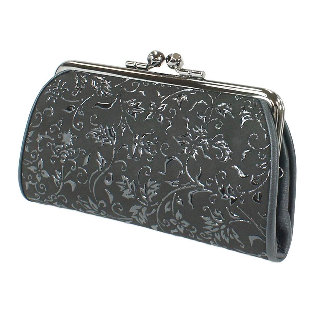 Indenya Inden Coin Purse, 340, Parent and Child, Deerskin, Black with Black Lacquer, Floral Arabesque Pattern, 1501-01-041