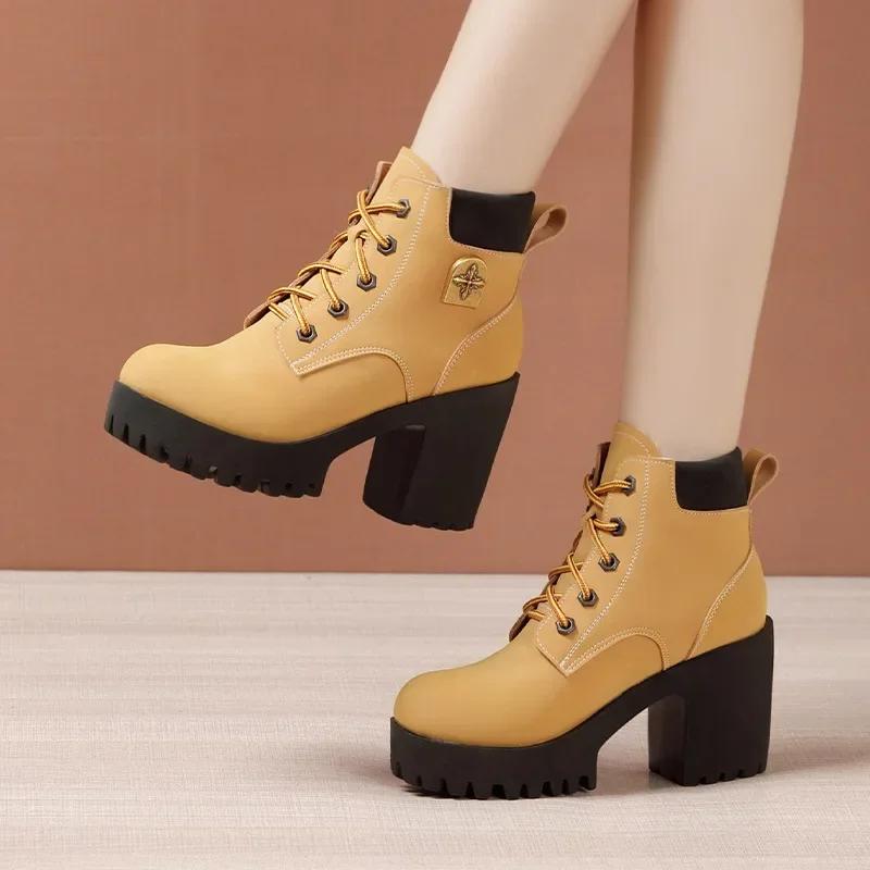 8cm 10cm Small Size 32-43 Thick Bottom Platform Shoes Genuine Leather Boots Winter 2024 Women s Block High Heels ANkle Boots 43 5100₽