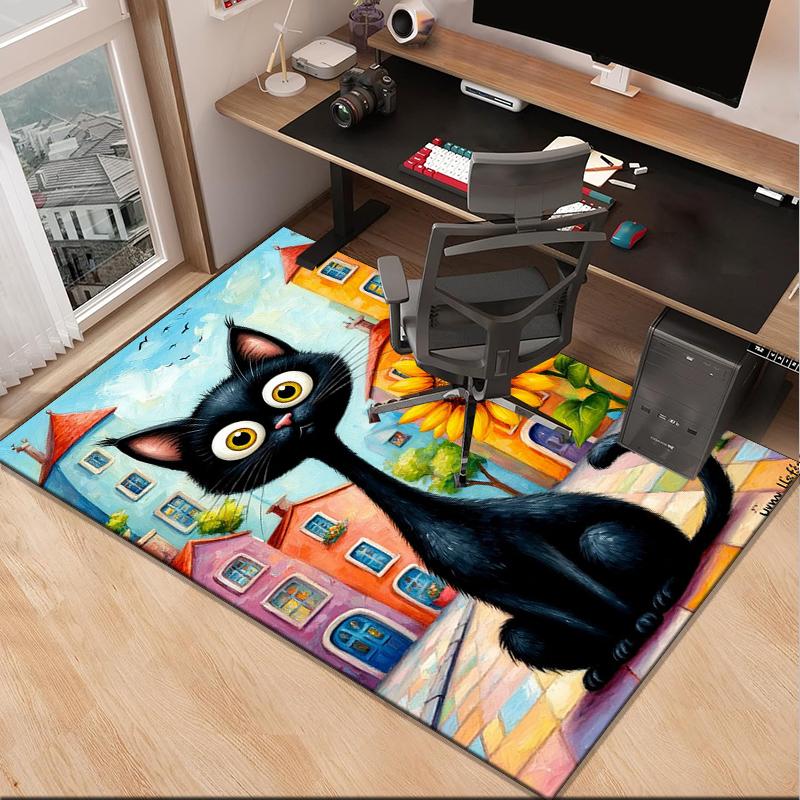 Black Cat In Sunflower Town Office Rug Chair Mat, Game Carpet, Suitable for Front Door, Bedroom, Living Room, Desk, Holiday Gift