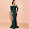 Cross-Border Sequined Evening Dress for Women, New European and American Style, Feather Long-Sleeve Party Gown, Long Dress for Toasting