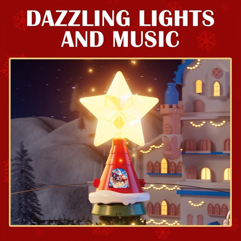 Rotating Christmas Tree Star Topper Carousel with LED Lights & Music Santa Claus Home Decorations USB-Powered 2026 New Year Holiday Decor