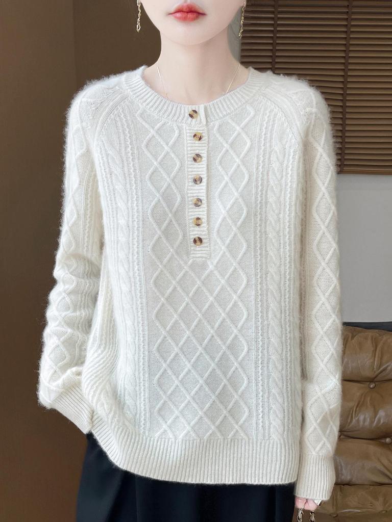 2025 Autumn/Winter Wool Knit Diamond Cable Base Layer Top - Cashmere, Thick & Soft