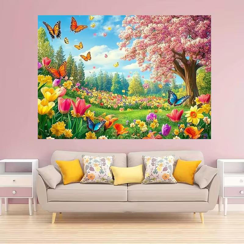 2D Spring Garden Backdrop, Tulips & Cherry Blossom Background for Nature & Spring Party