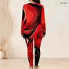 Women Plus Size Two Piece Pants Set Round Neck Long Sleeve Nebula Printed Longline Top And Fitted Pants
