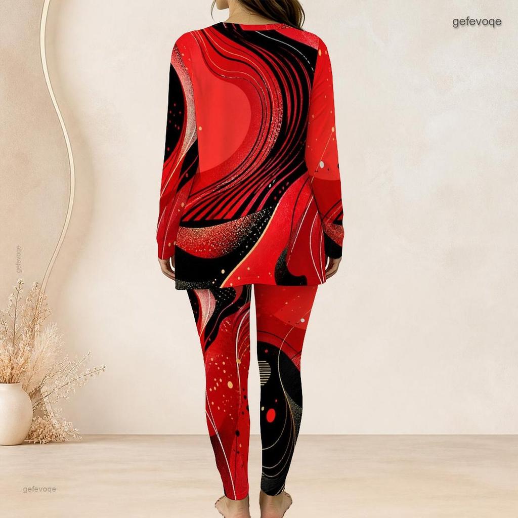 Women Plus Size Two Piece Pants Set Round Neck Long Sleeve Nebula Printed Longline Top And Fitted Pants