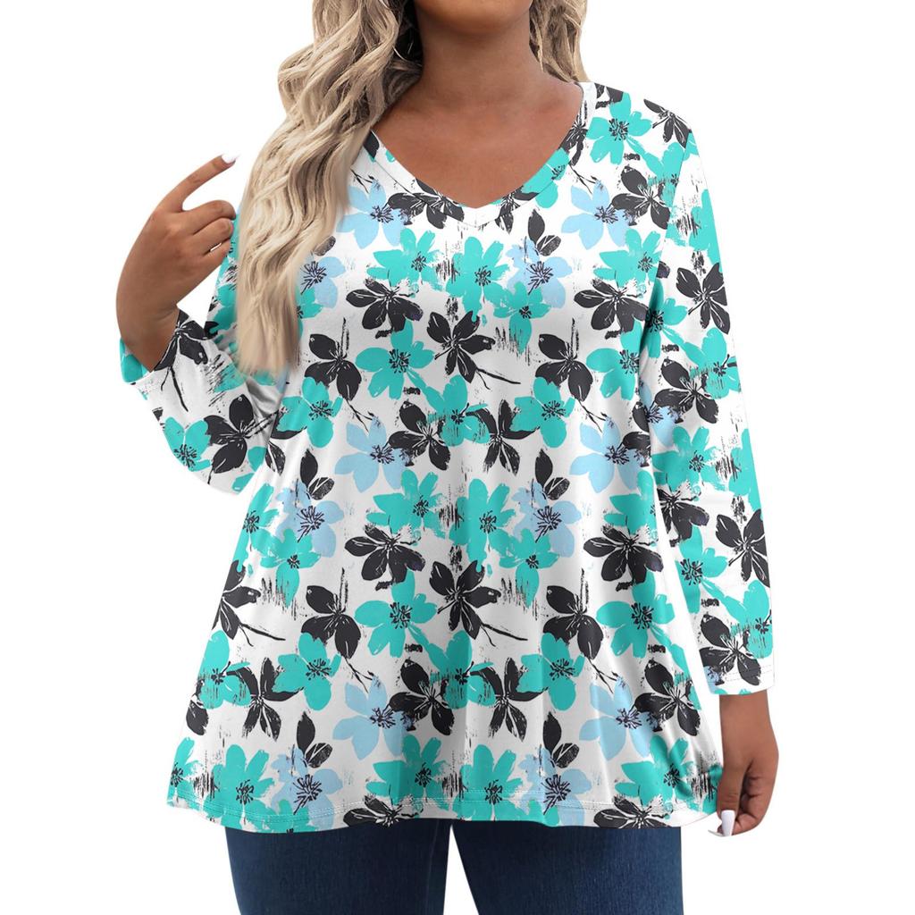 Women's Fashionable Casual Long Sleeved Plus Size Floral Print Top Plus Size Floral Print Top