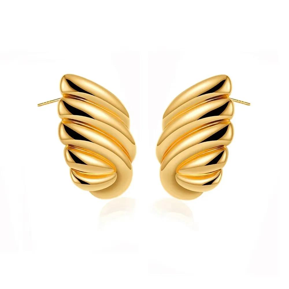 Vintage Stainless Steel Trapezoid Square Wing Geometric Stud Earrings for Women Gold Plated Striped Pleated Texture Jewelry