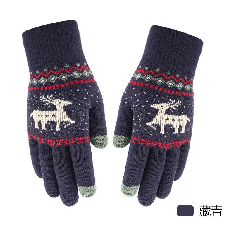 New Jacquard Double-layer Deer Touch Screen Gloves Autumn and Winter Women's Fleece Thickened Warm Wool Gloves