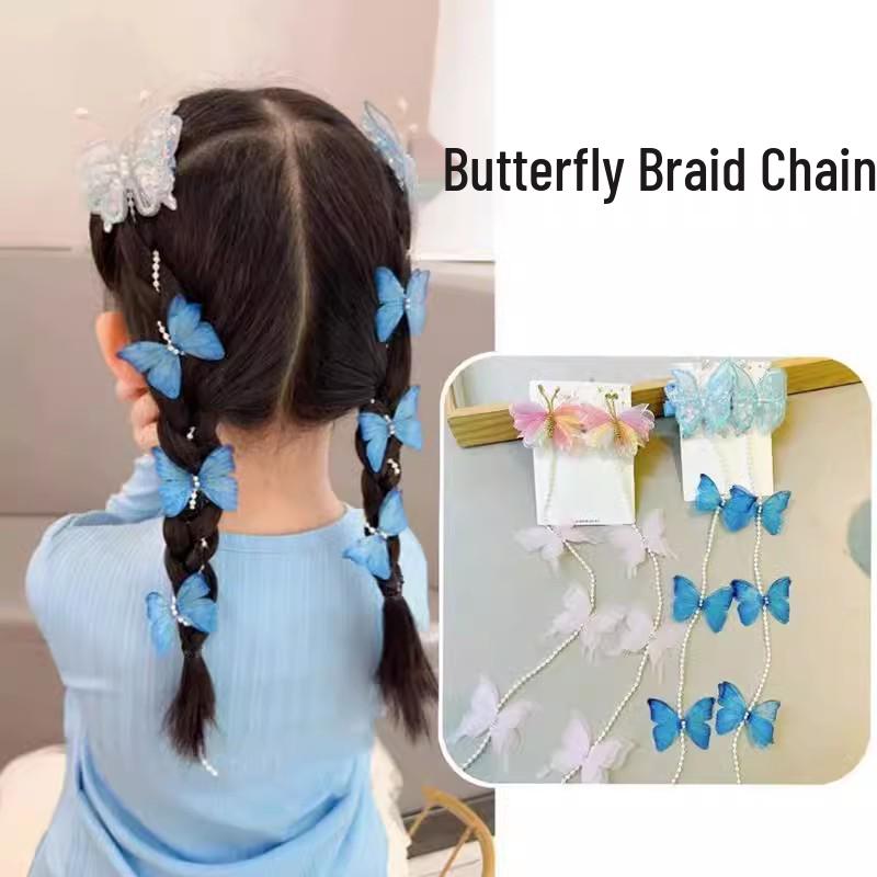 

Handmade Butterfly Pearl Braided Hairpin with Beaded Princess Fairy Headdress for Girls