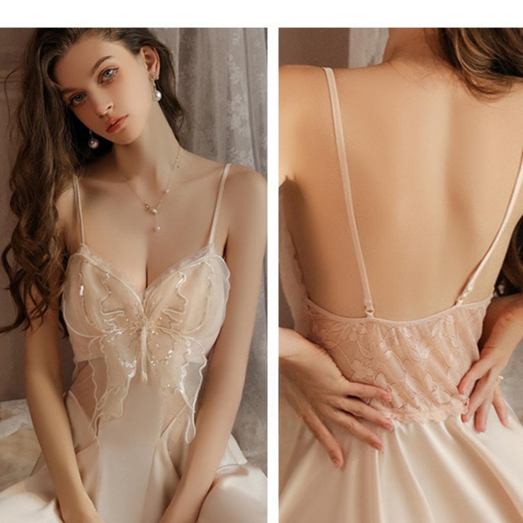 Sexy Tief ausgeschnittenes Raffendes Plus Brustpolster Netztransparenter Rücken Ärmelloses Übergröße Nachthemd Robe Loungewear-Set