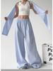 Fashionable Blue Striped High-Waisted Wide-Leg Pants with Lace-Up Waist, Perfect for Spring and Autumn, Available Now