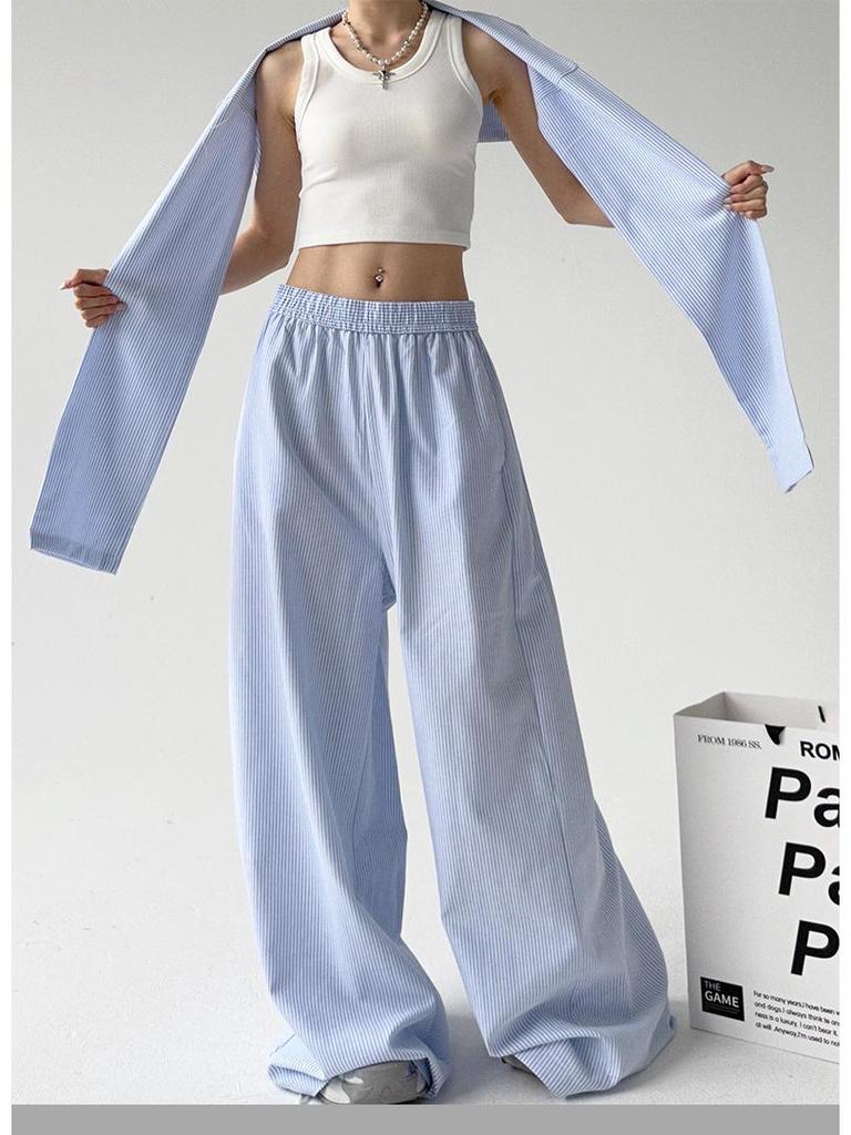 Fashionable Blue Striped High-Waisted Wide-Leg Pants with Lace-Up Waist, Perfect for Spring and Autumn, Available Now