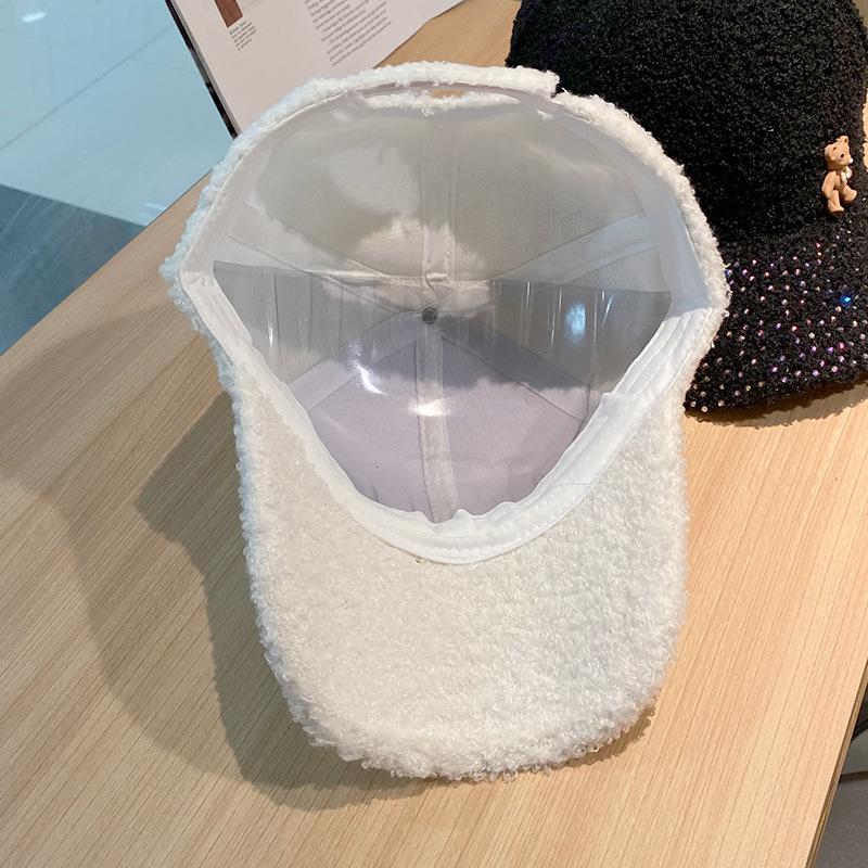 Korean Autumn and Winter Fashion Diamond Brim Plush Baseball Hat Korean Style Cute Little Bear Warm Baseball Cap Trendy