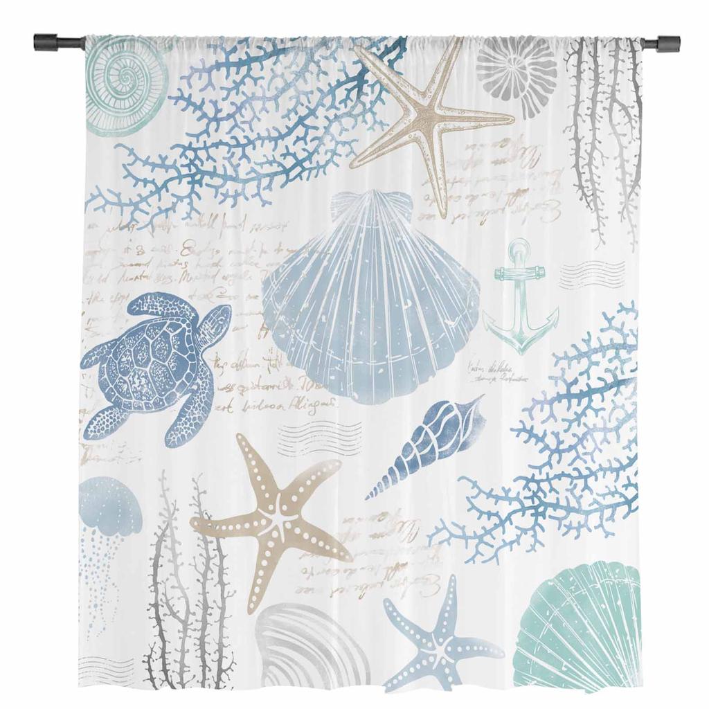 Marine Coral Shells Starfish Sea Turtles Jellyfish Blue Sheer Curtains Living Room Window Curtains Kitchen Tulle Voile Curtains
