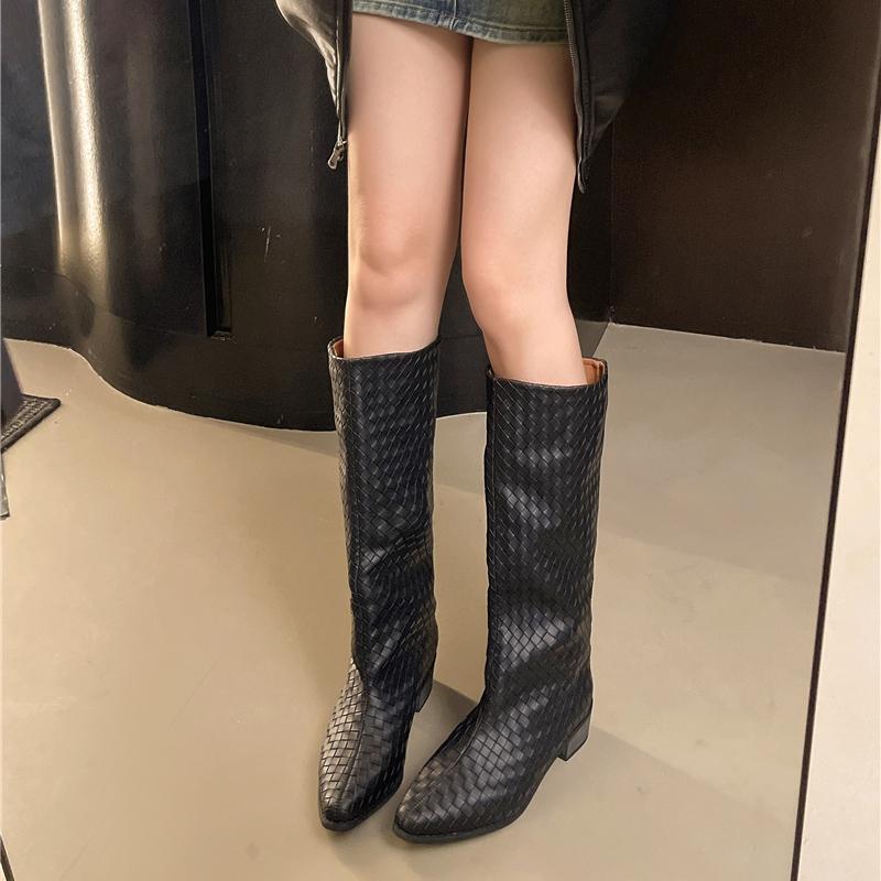Fashion 2025 New High Quality Autumn Winter Woven Retro Mid-calf Boots Fashion Pointed Head Loose Straight Sleeve Ankle Boots for Women