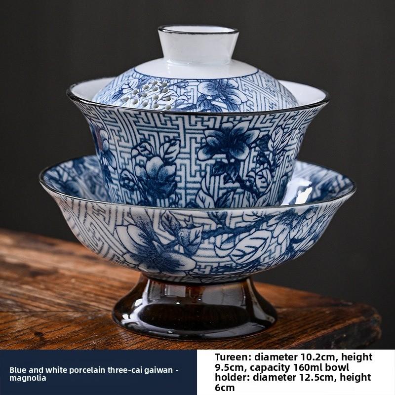 160ml Blue White Porcelain Gaiwan Handmade High Footed Ceramic Gongfu Teaware Portable for Travel Camping Tea