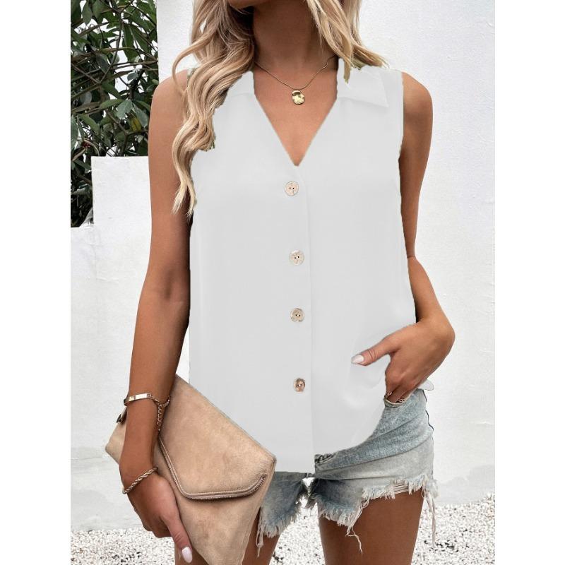 Women Solid Color V Neck Loose Sleeveless Button Down Chiffon Blouse S белый