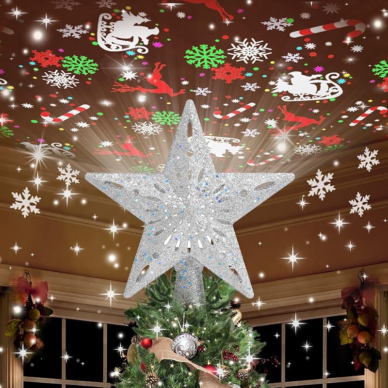 Kesfitt Christmas Tree Topper Star Lighted with 6 Projection Modes,Christmas Star Tree Topper with LED Rotating Lights,Gold Tree Topper 3D Glitter