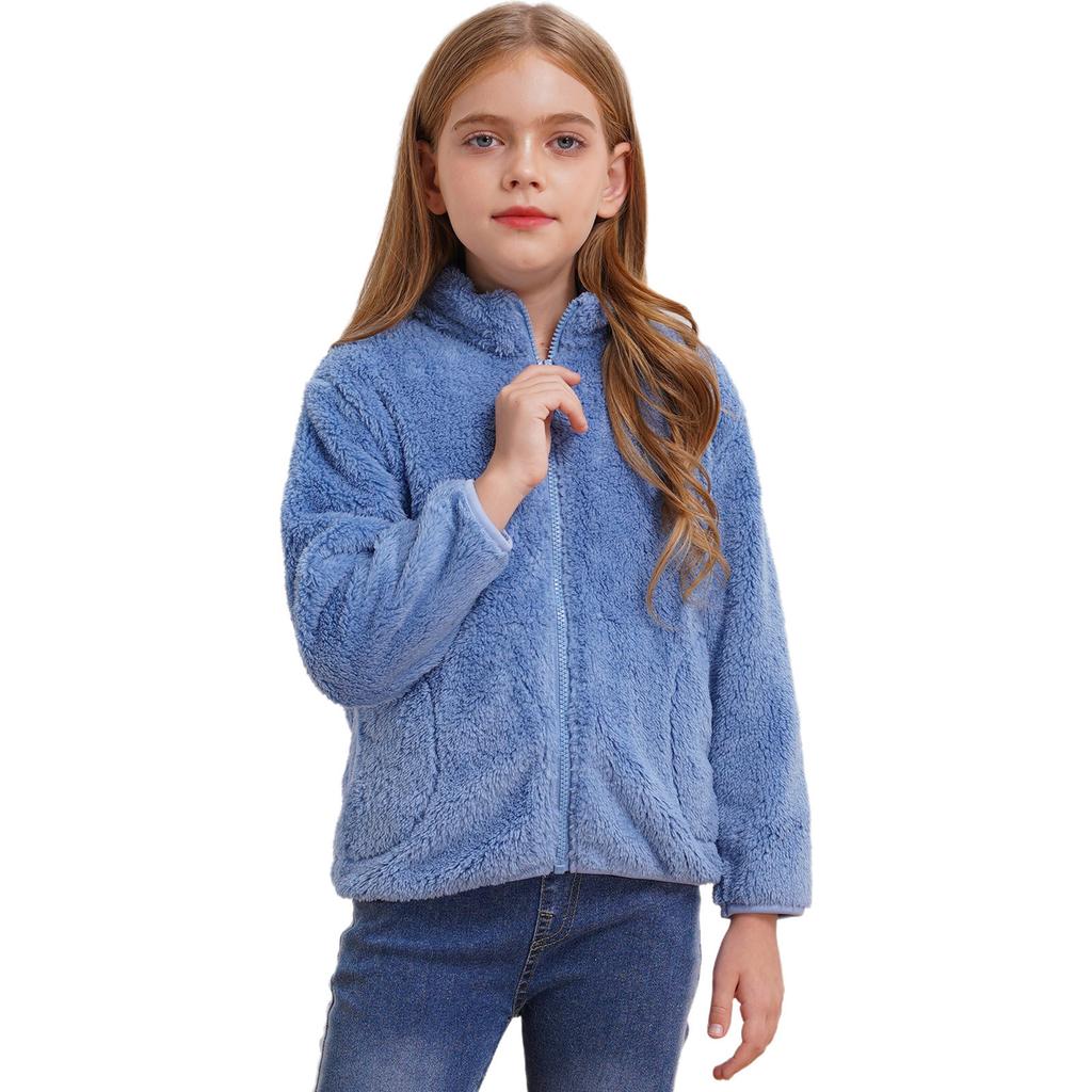 Unisex Kids Casual Long Sleeve Stand Collar Soft Plush Zipper Closure Pockets Side Outdoor Jacket