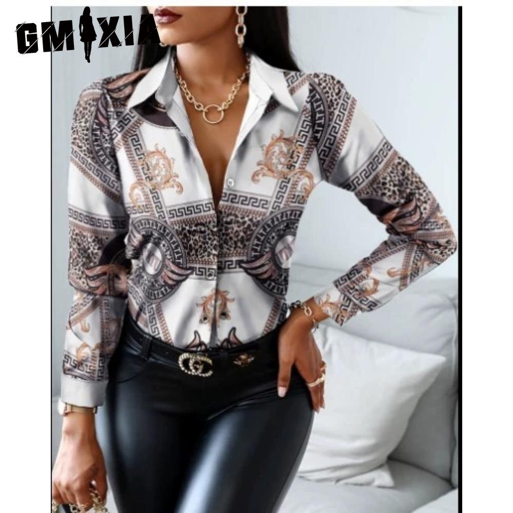 GMXIA Women's Fashion Casual Solid Color Print Long Sleeve POLO Neck Blouses & Shirts