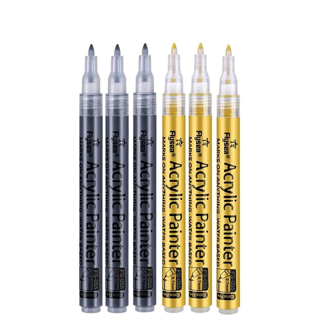 6Pcs/set 4 Colors (Black/White/Gold/Silver) Acrylic Paint Markers pen,0.7mm Extra Fine for Ceramic, Metal, Paper, Drawing, DIY