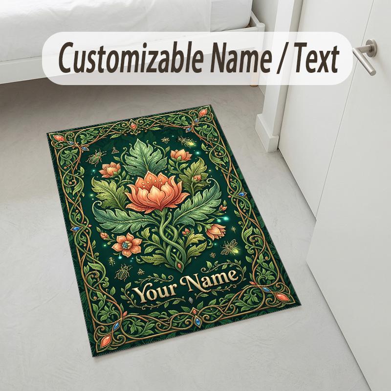 Floral Garden Theme Crystal Velvet Rug Personalized Custom Name Text Soft Floor Mat Home Decor