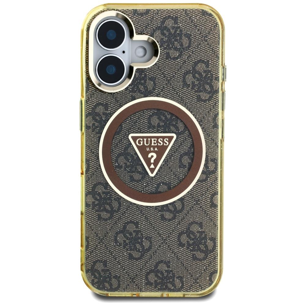 Guess IML Metal Glitter 4G Circle Triangle MagSafe case for iPhone 16 brown