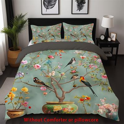Ensemble de housse de couette motif Fleurs et Oiseaux 2/3 pièces, 1 housse de couette + 1/2 taie d'oreiller, Sans garnissage Imprimé Vintage Fleurs et Oiseaux Bonsaï