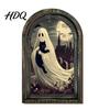 Solid Wood Halloween Frame Arched Wooden Wall Decor, Ghost Cat Hanging Ornament, Distressed Gothic Decorations Tabletop Decor Plaque, Spooky