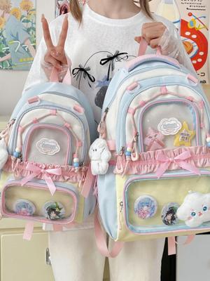 Women's High-Value Japanese Colorblock Bow Ita Bag - Large Capacity, Double Shoulder, Transparent Button