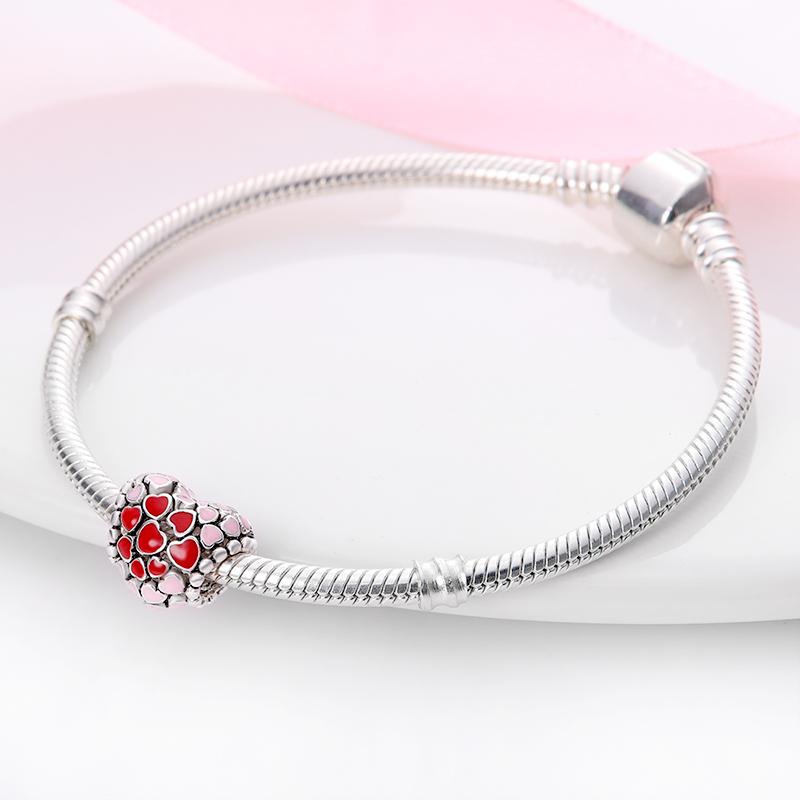 New 925 Sterling Silver Red Color Series Heart Shape Charms Beads Lucky Jewelry Gifts