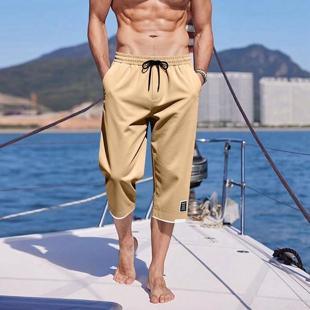 Herren Sieben-Viertel-Hose Elastischer Bund Kordelzug Tasche Lässig Strand Yoga Capri-Hose Leicht Bequem