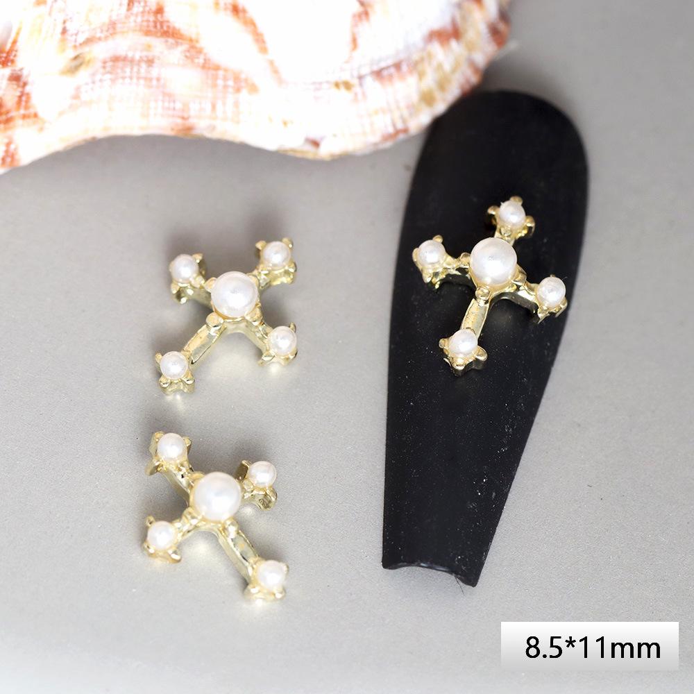 Saturn Queen Mother Cross Nail Art: Retro Silver with Pearls and Diamond Accents