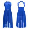 Girls Rhinestone Lyrical Modern Dance Dress Sleeveless Back Hollow High Low Hem Built In Briefs Dance Leotard Dress for Kids